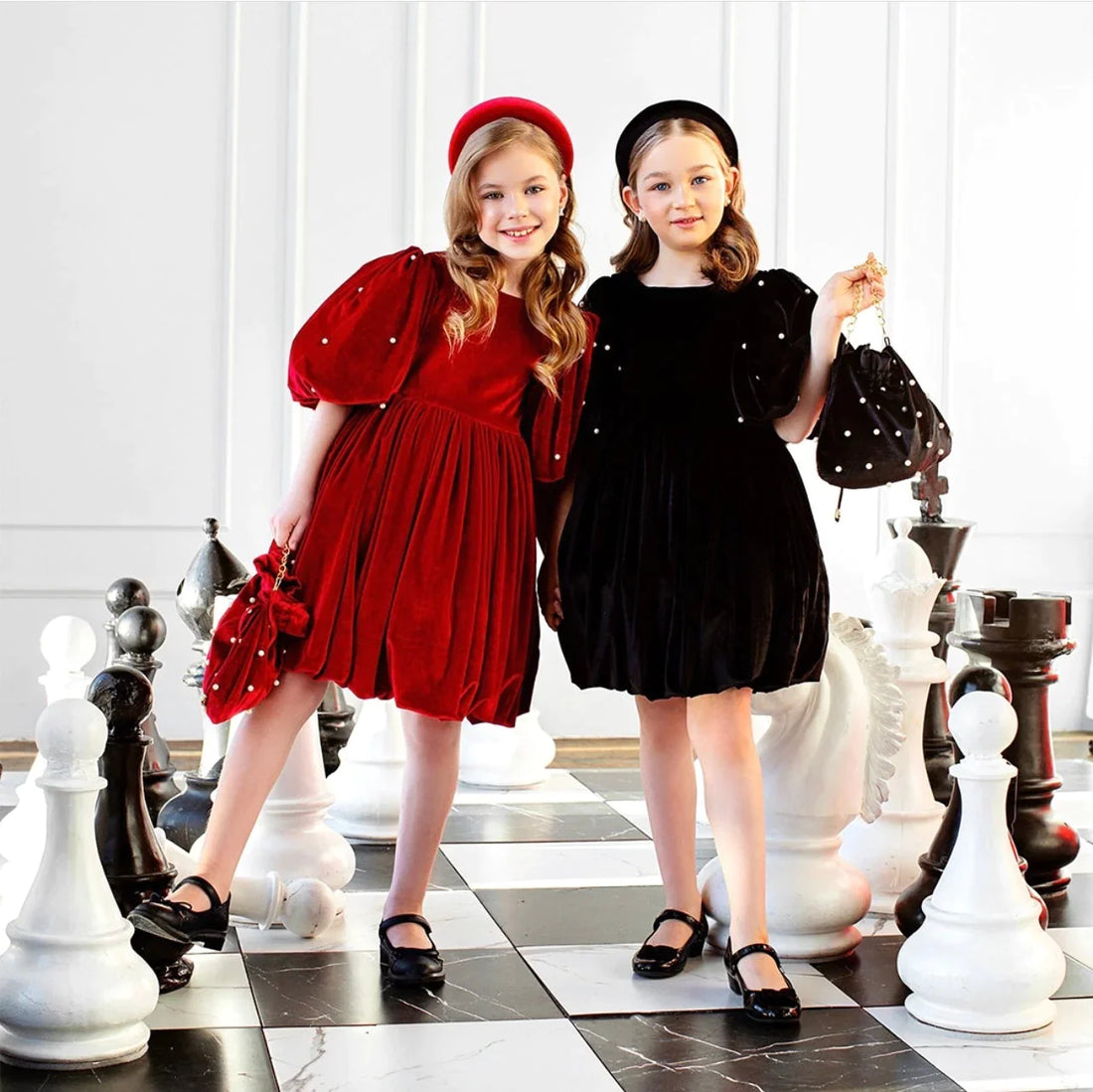 Red Velvet Dress with Pearls for Girls - Aziza