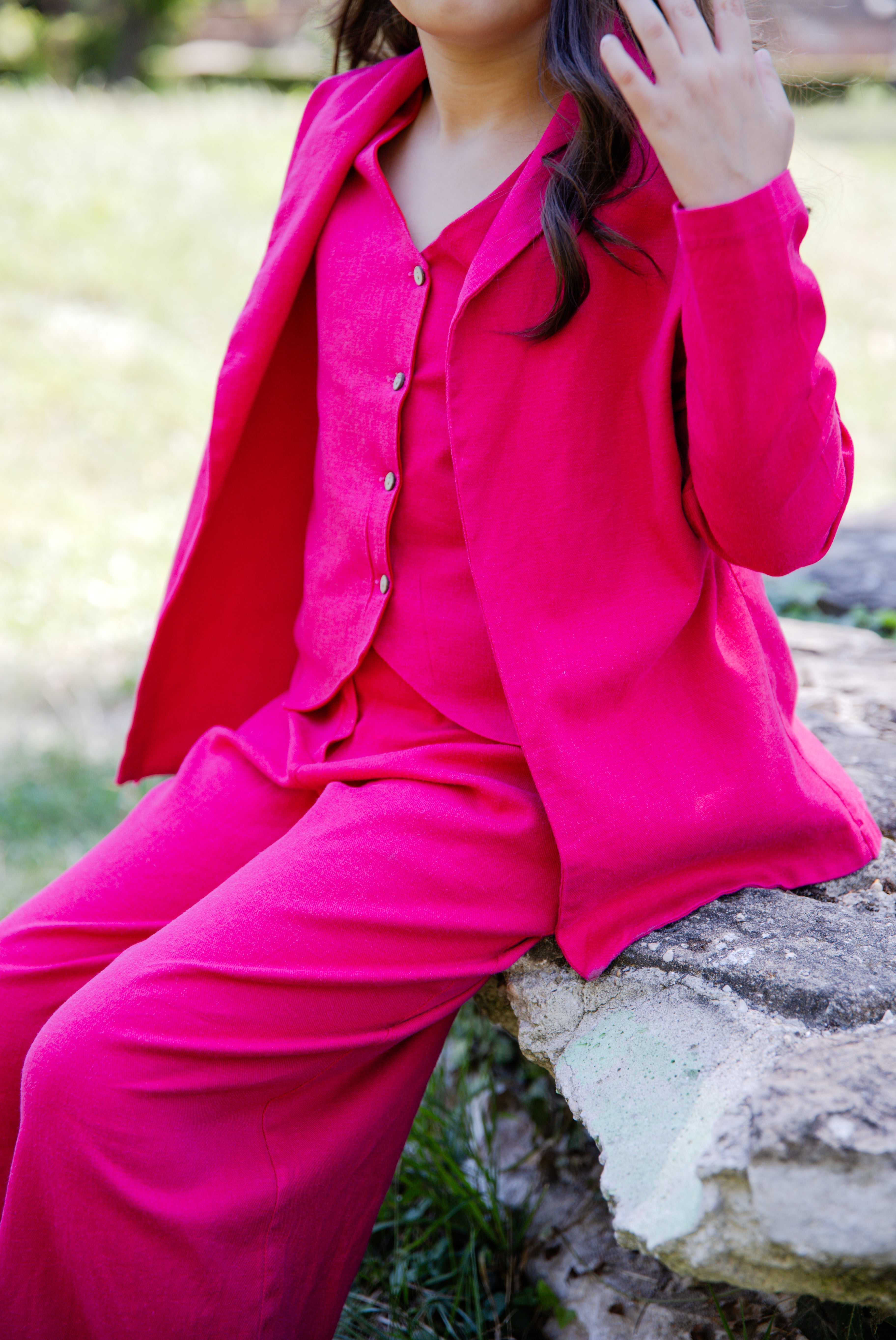 Emma Elegant Pink Linen 3-Piece Suit for Girls – Blazer, Vest, and Flared Trousers