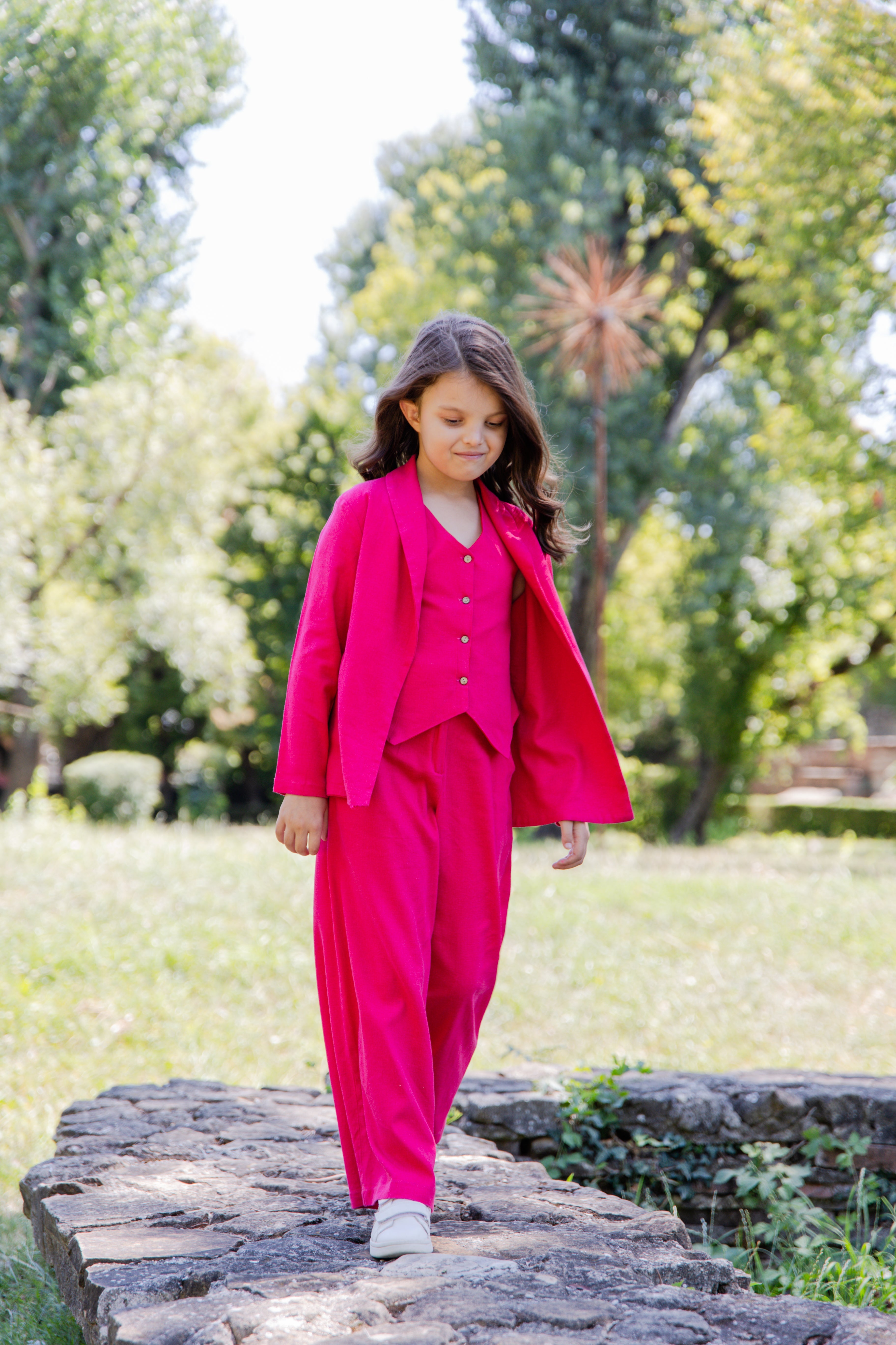 Emma Elegant Black Linen 3-Piece Suit for Girls – Blazer, Vest, and Flared Trousers