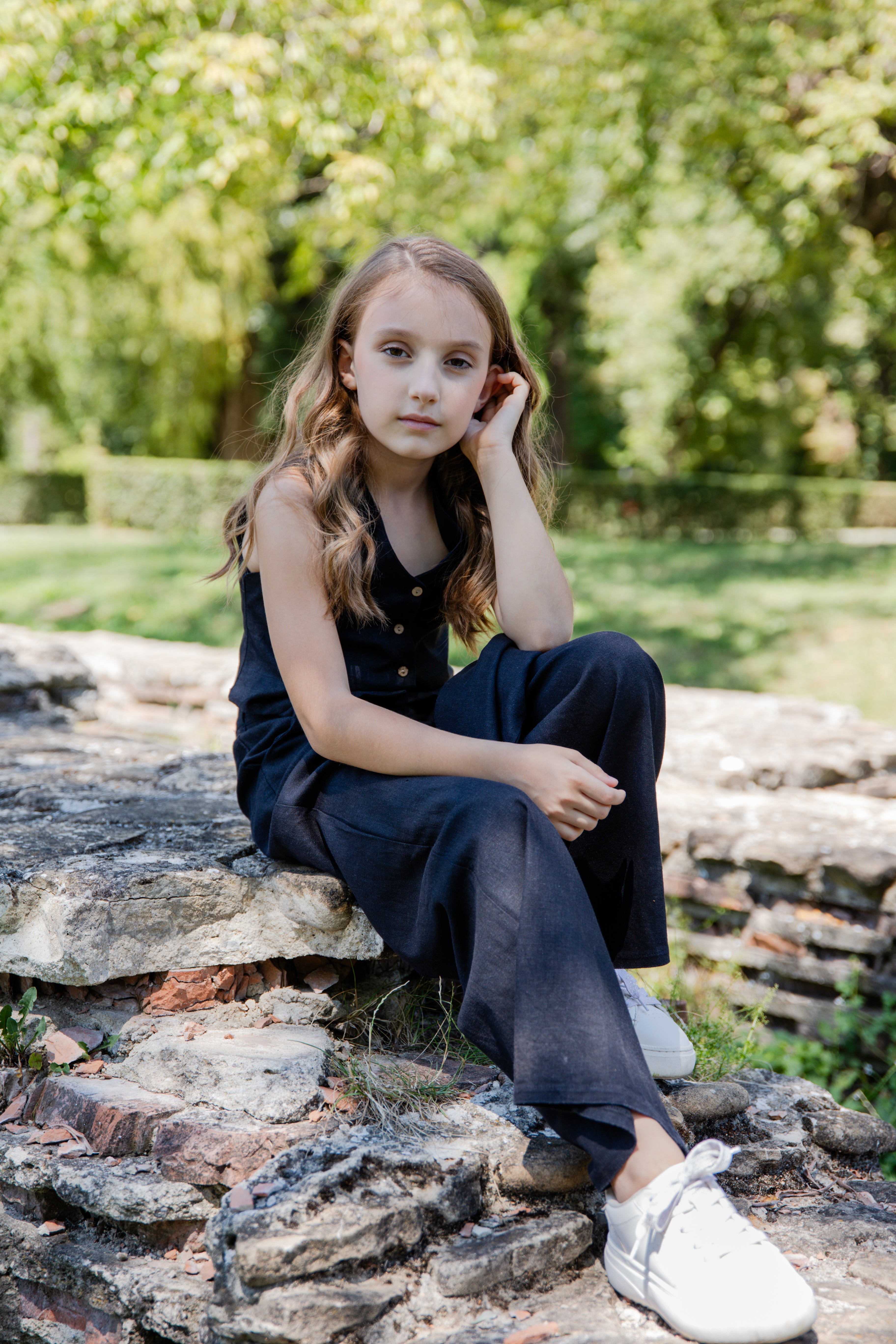 Emma Elegant Black Linen 3-Piece Suit for Girls – Blazer, Vest, and Flared Trousers