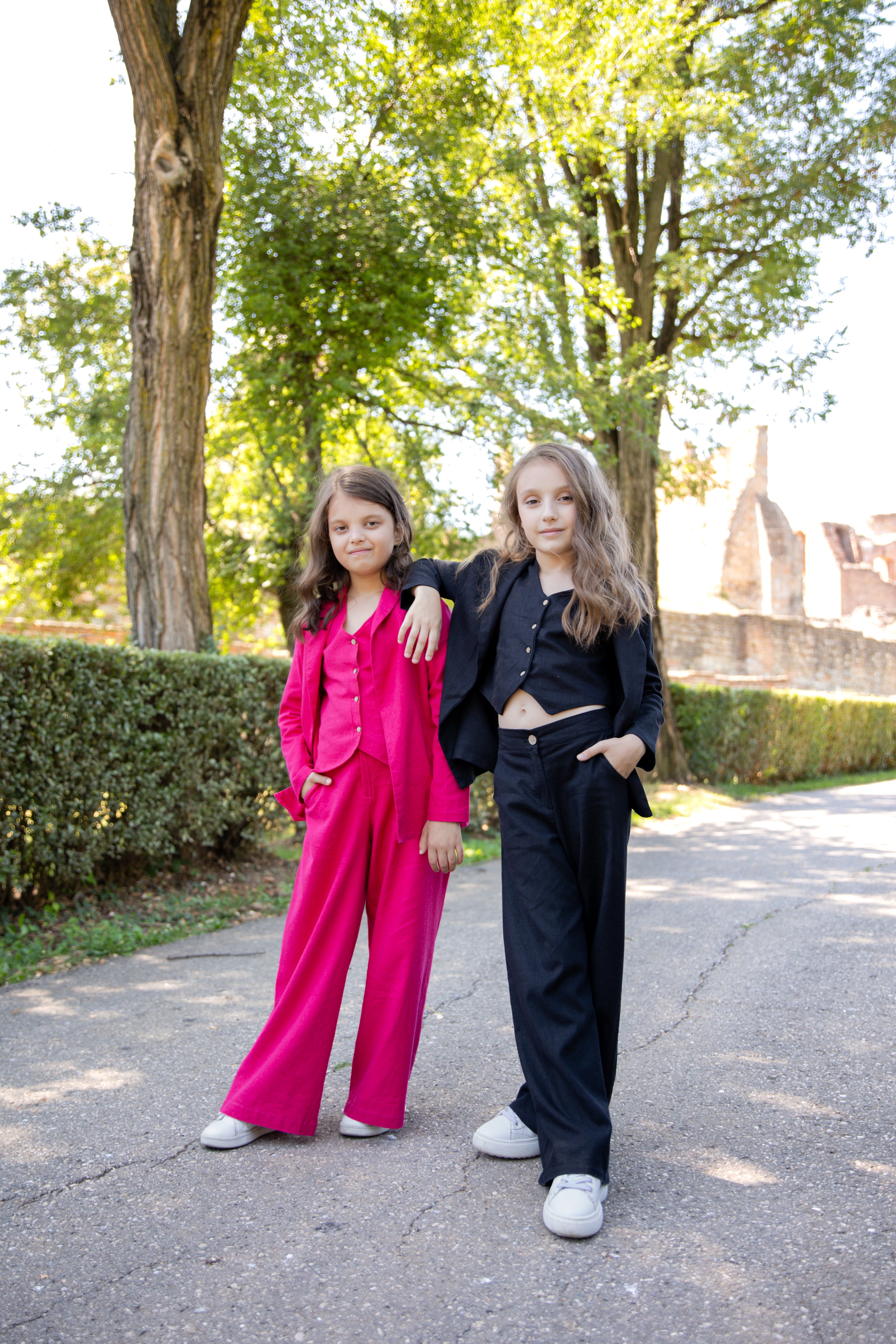 Emma Elegant Black Linen 3-Piece Suit for Girls – Blazer, Vest, and Flared Trousers