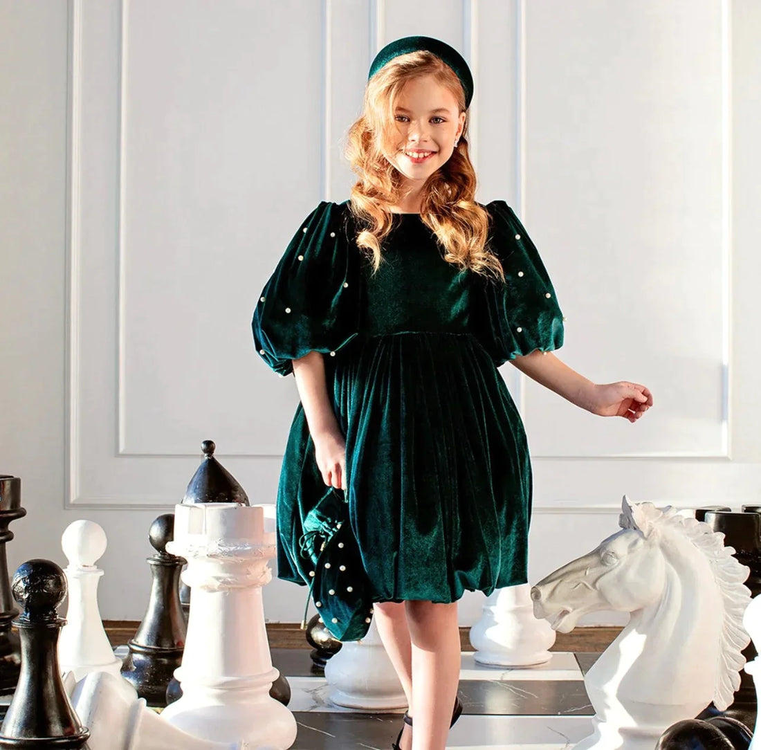 Green Velvet Dress with Pearls for Girls - Aziza