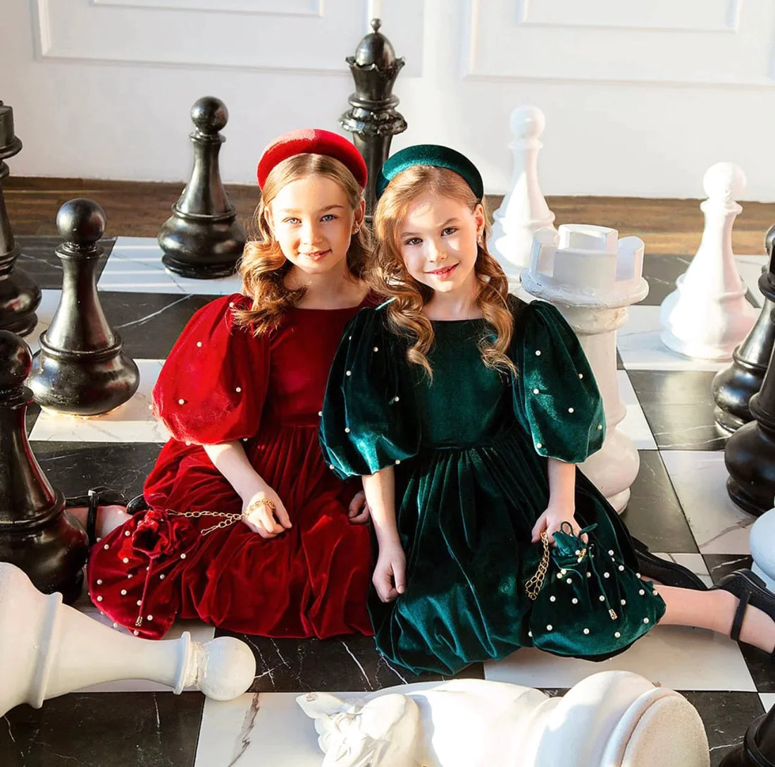Green Velvet Dress with Pearls for Girls - Aziza