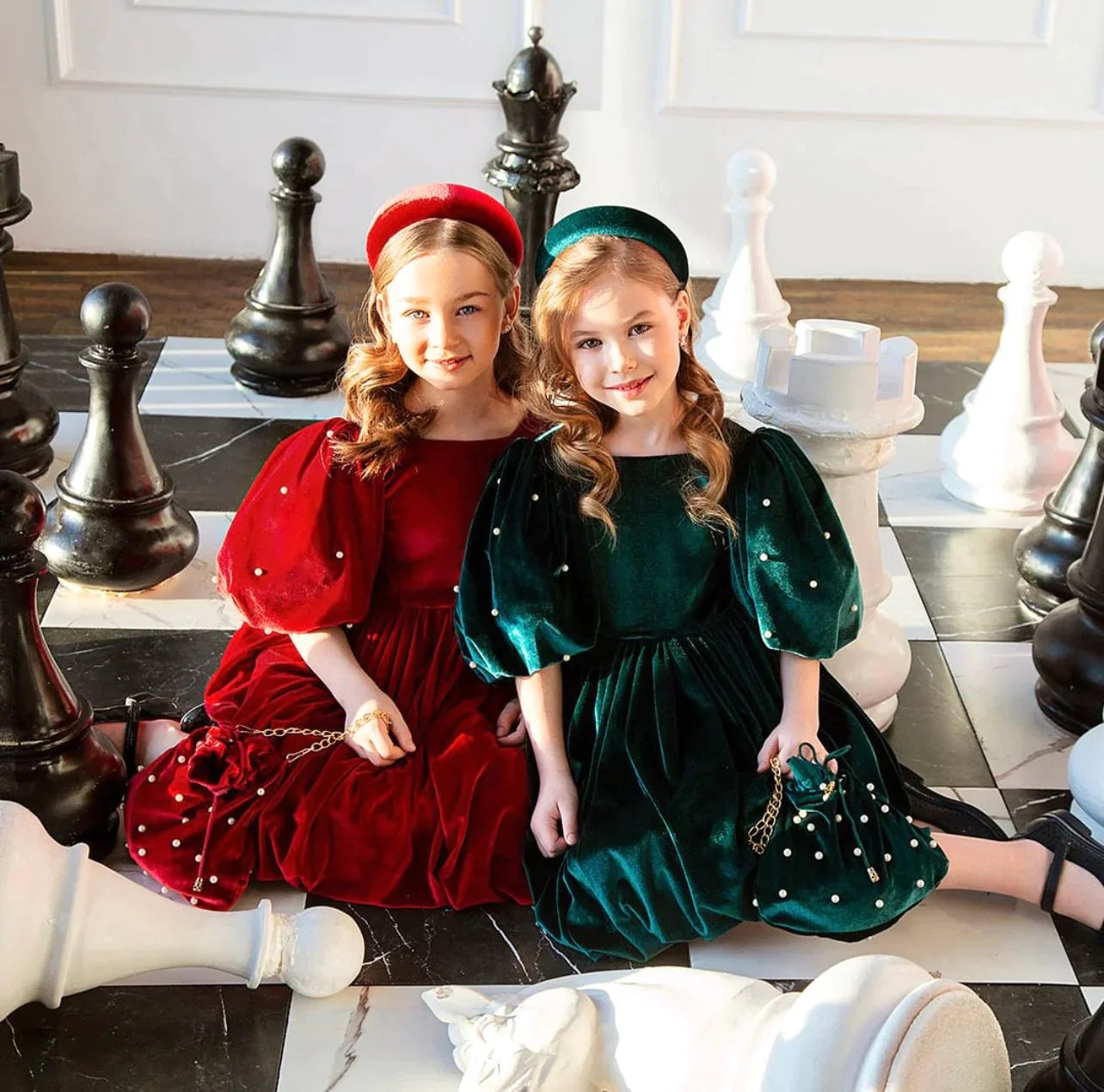 Green Velvet Dress with Pearls for Girls - Aziza