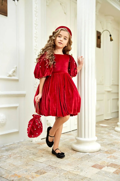 Red Velvet Dress with Pearls for Girls - Aziza