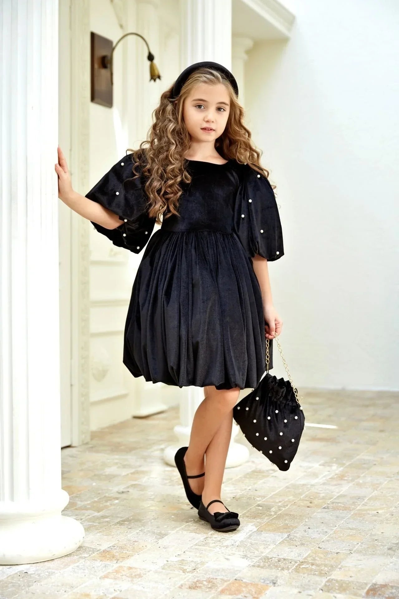 Green Velvet Dress with Pearls for Girls - Aziza