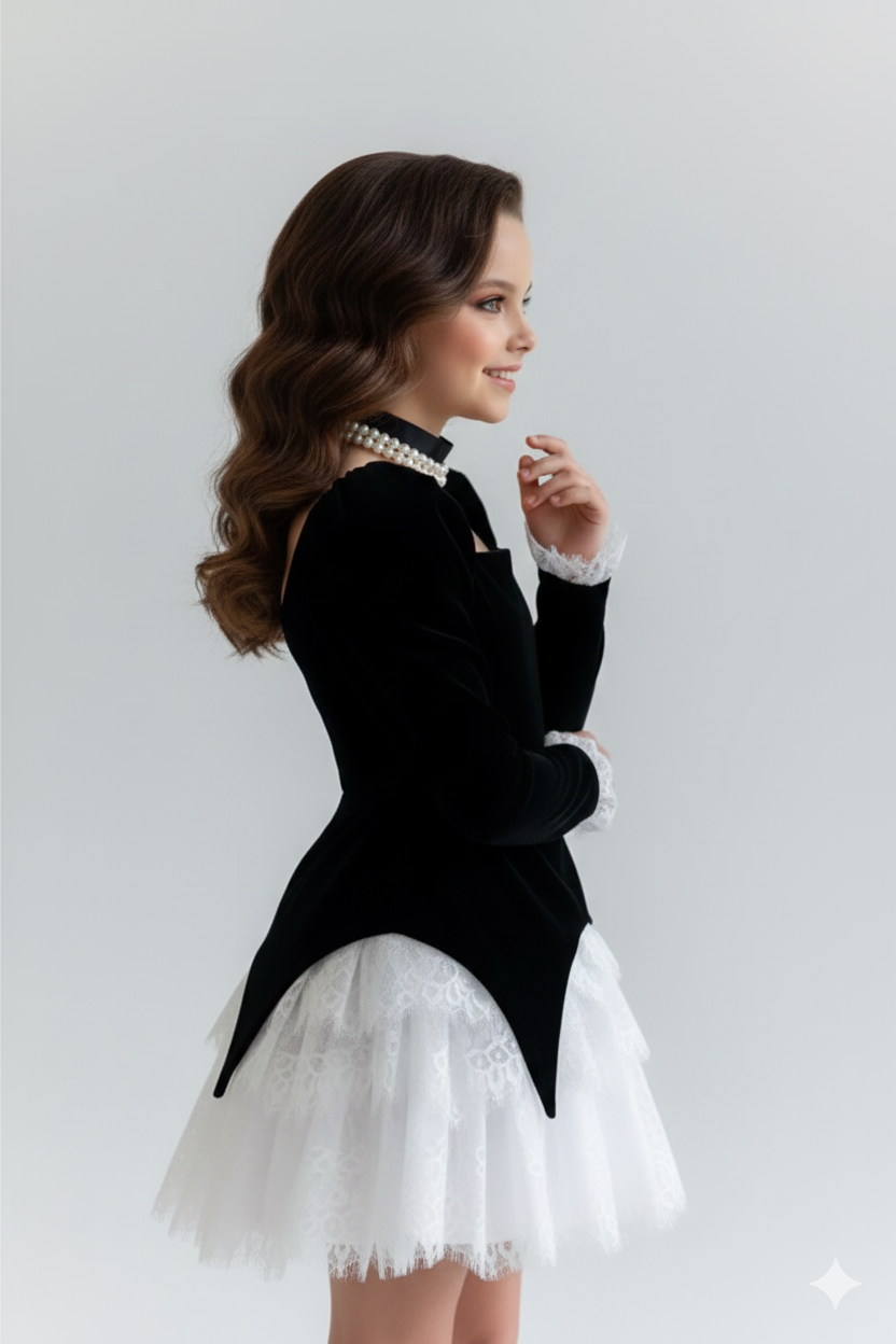 Elia Elegant Black Velvet and White Chantilly Lace Dress for Girls