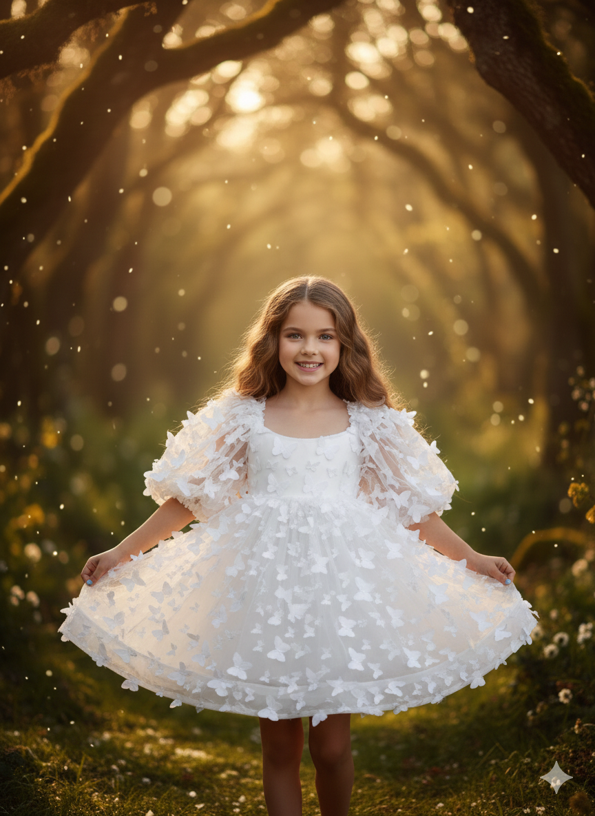 Marta Elegant White Butterfly Dress for Girls – Layered Tulle and Puff Sleeves