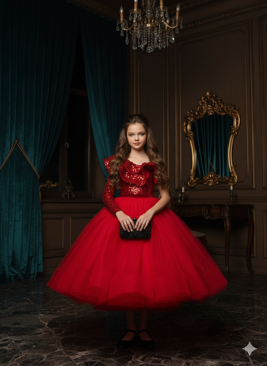 Dasha Elegant Red Sequin & Tulle Gown – Featuring Statement Sequin Ruffle Accents