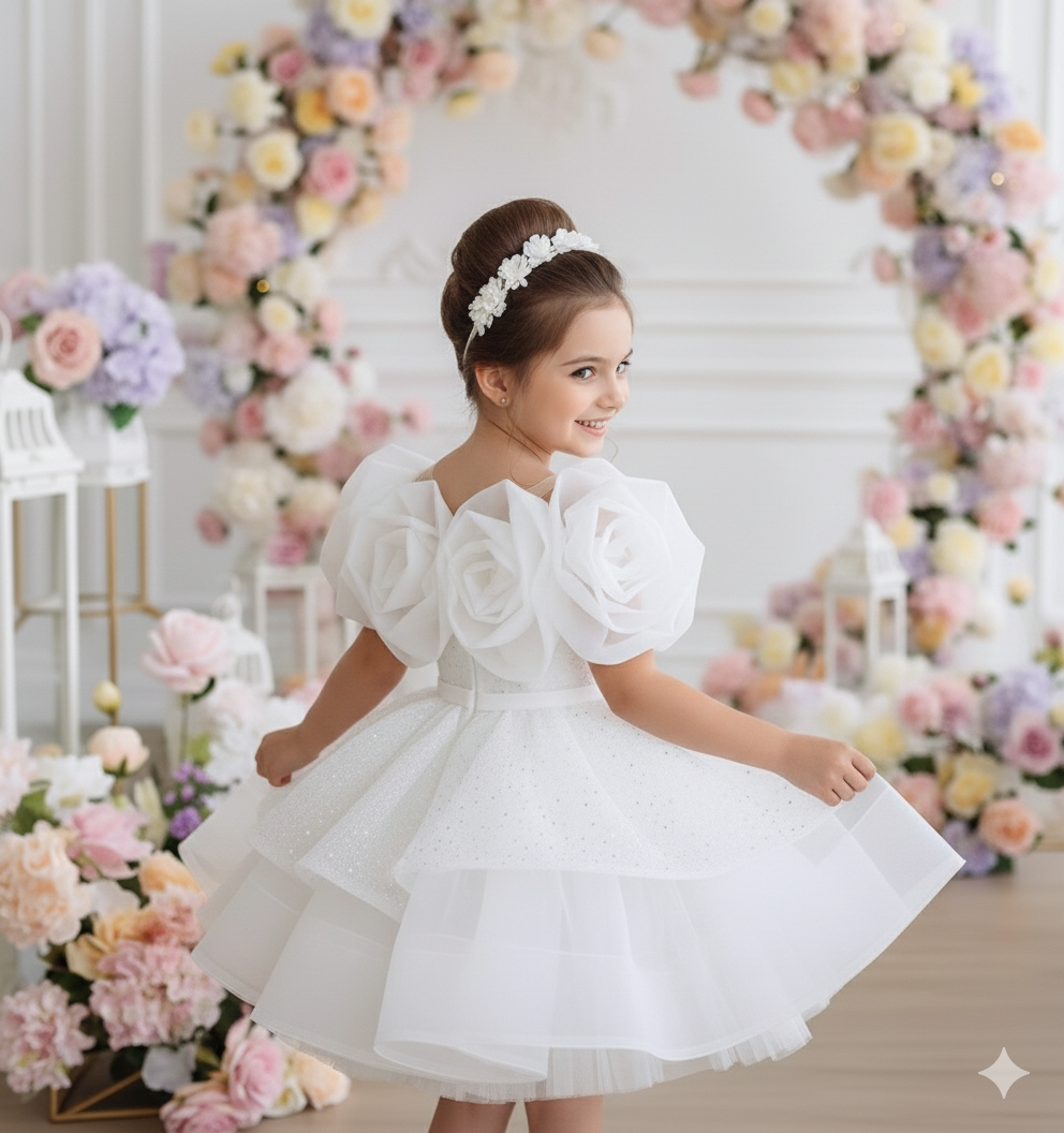 Dakota Elegant White Gown – Intricate Pearl & Sequin Embroidery with Handcrafted Floral Accents