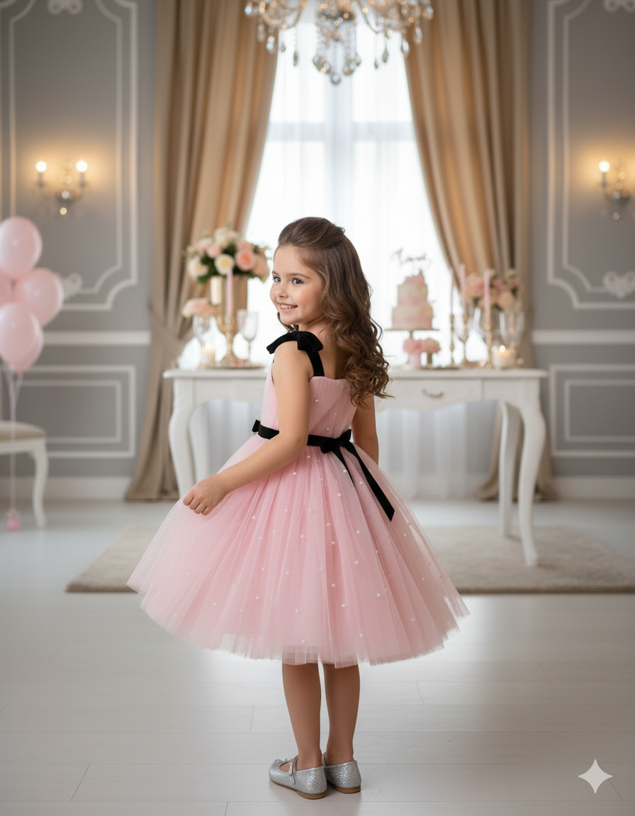 Carolina Elegant Pink Pearl Tulle Gown – Featuring Black Velvet Accents and Tulle Bows