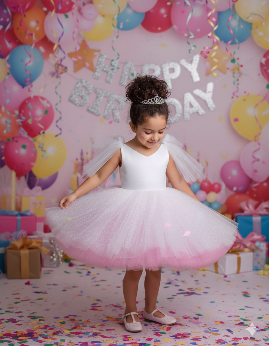 Jenna Elegant Pink & Glitter Gown – Shimmering White Glitter Tulle with Pink Accents and Shoulder Bows