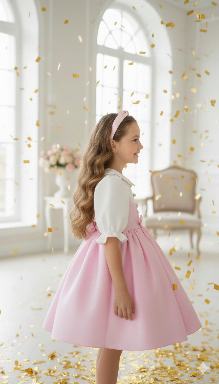 Adelina Vintage Pink and White Structured Dress for Girls – Classic Boutique Style