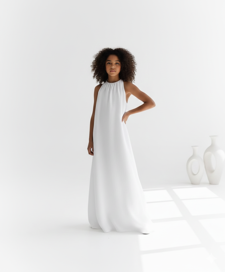 Destiny Elegant Long White Muslin Dress for Girls