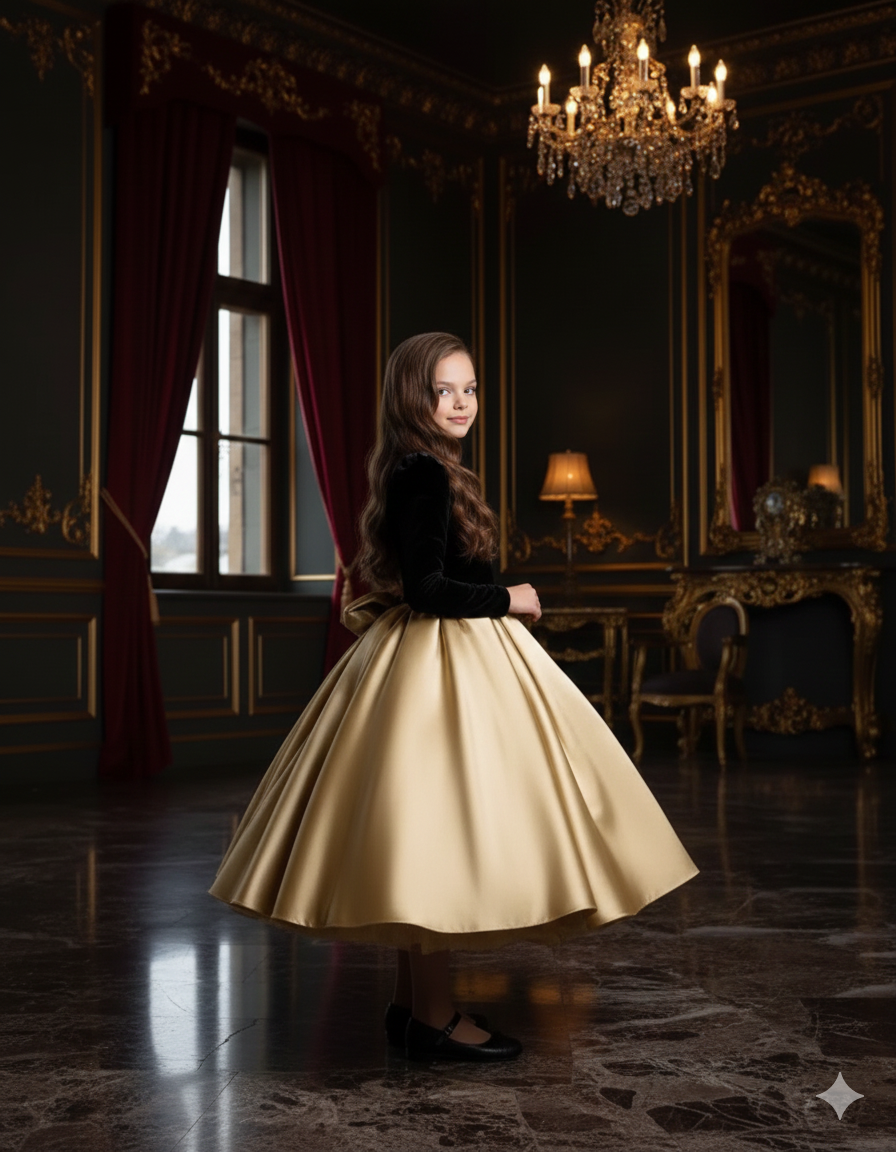 Zendaya Elegant Golden Gown – Black Velvet Bodice and Taffeta Skirt with Statement Bow