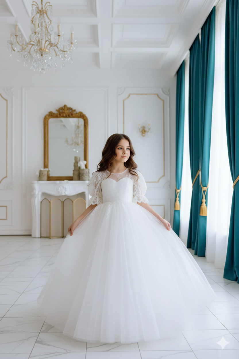 Tiana Elegant White Maxi Gown – Exquisite Chantilly Lace and Voluminous Layered Tulle