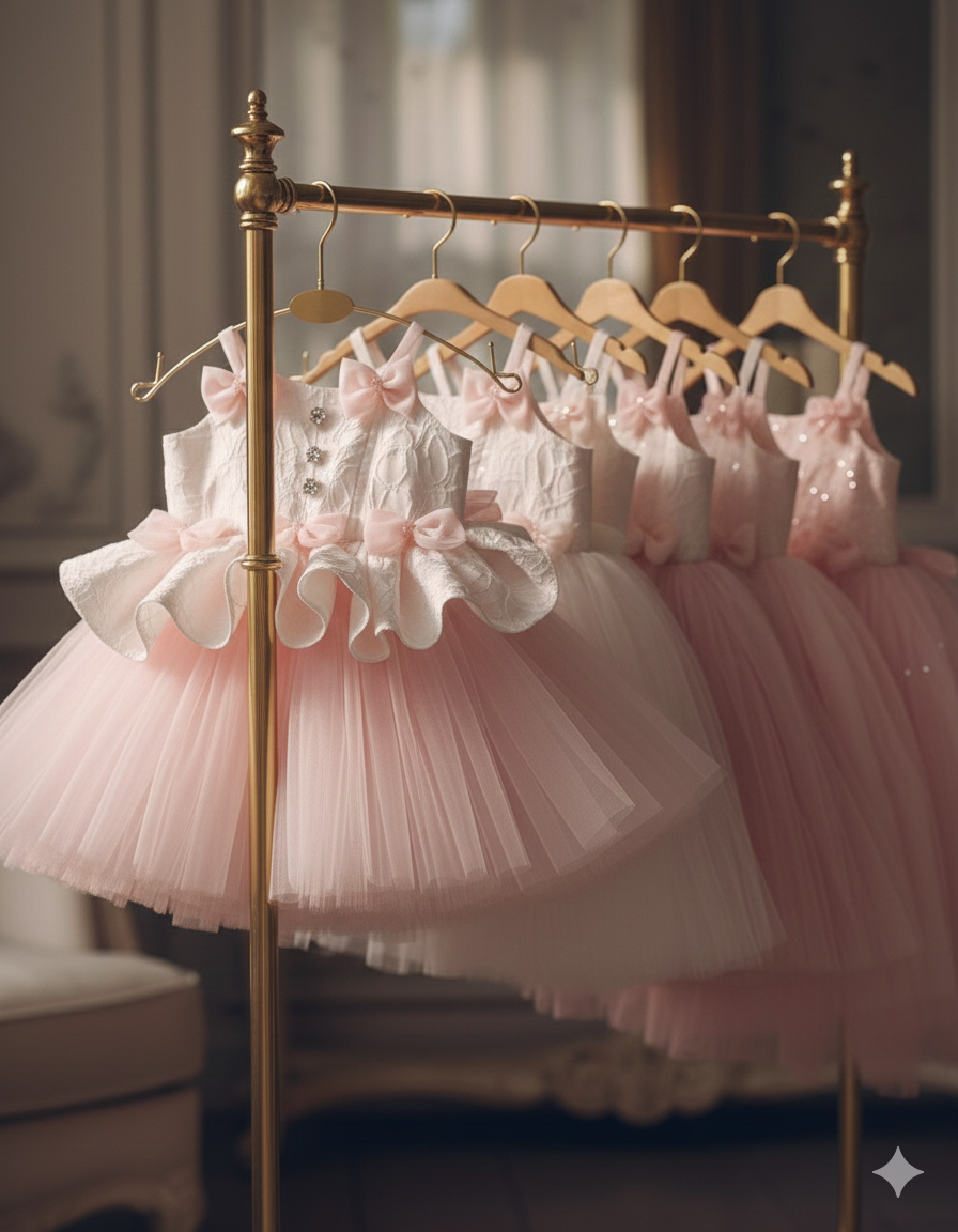 Lilibet Elegant Pink & White Gown – Luxurious White Brocade with Airy Tulle Skirt and Bow Straps