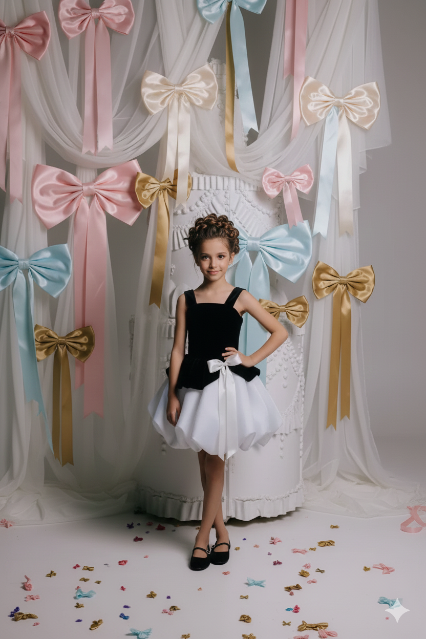 Erin Elegant Black Velvet and White Neoprene Dress for Girls