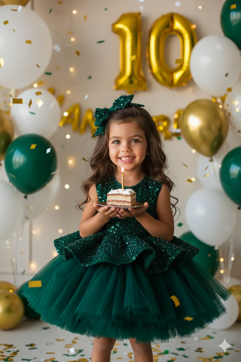 Candy Elegant Green Lace Dress for Girls – Pearl, Sequin, and Tulle Ruffle Details