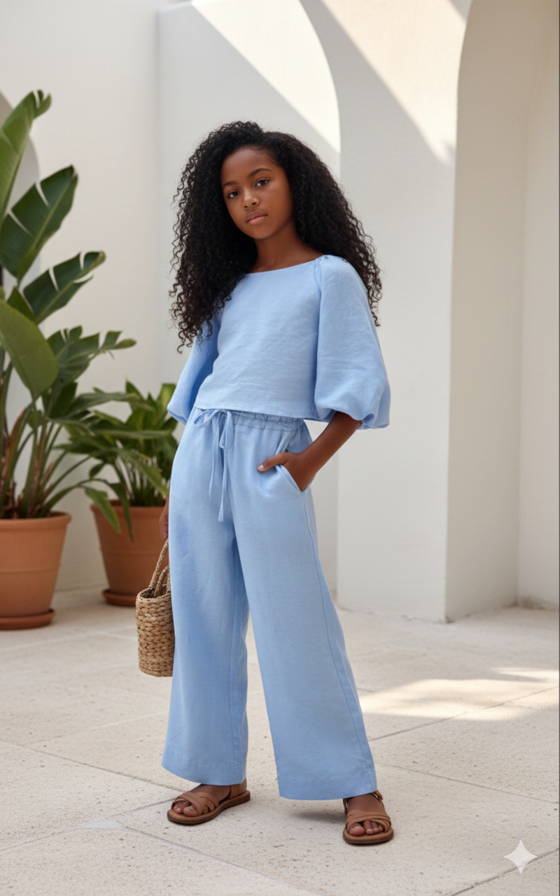 Isla Elegant Black Linen Set for Girls – Flared Trousers and Chic Blouse