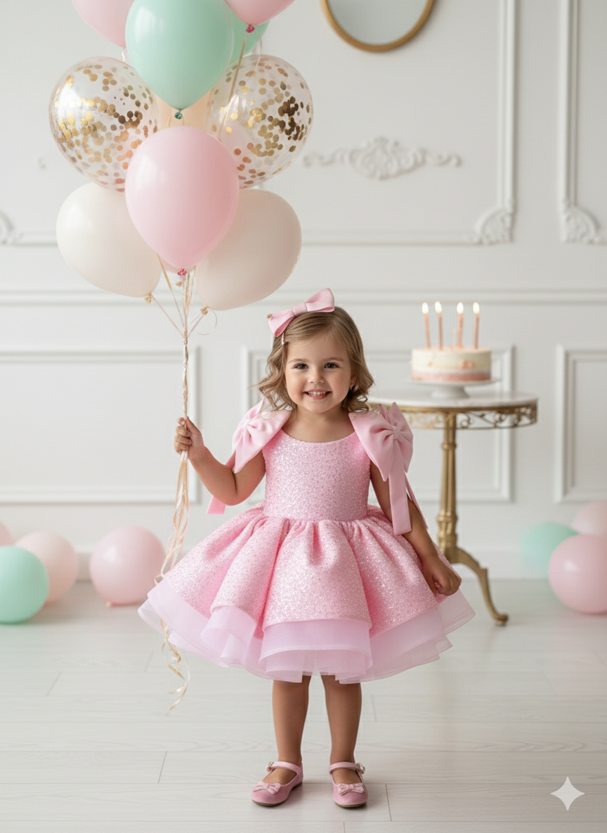 Edith Elegant Pink Lace Gown – Exquisite Pearl & Sequin Embroidery with Signature Bows
