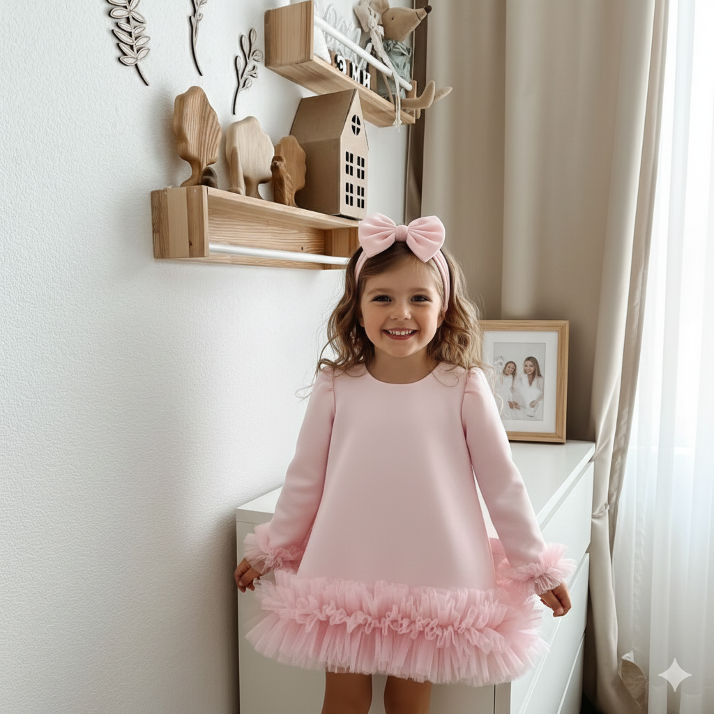 Emima Soft Pink Casual Dress for Girls – Accented with Tulle Ruffles
