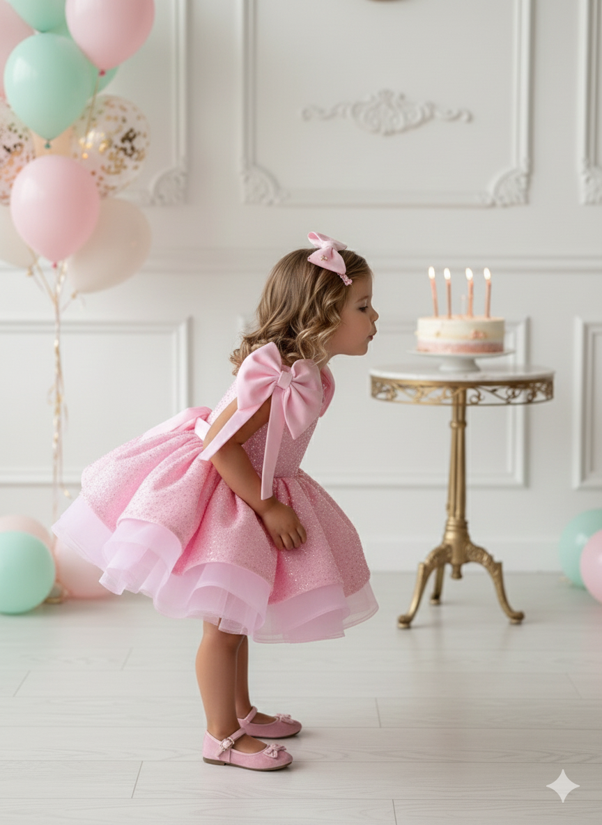 Edith Elegant Pink Lace Gown – Exquisite Pearl & Sequin Embroidery with Signature Bows