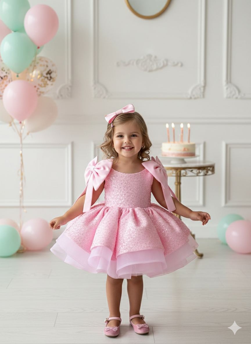 Edith Elegant Pink Lace Gown – Exquisite Pearl & Sequin Embroidery with Signature Bows