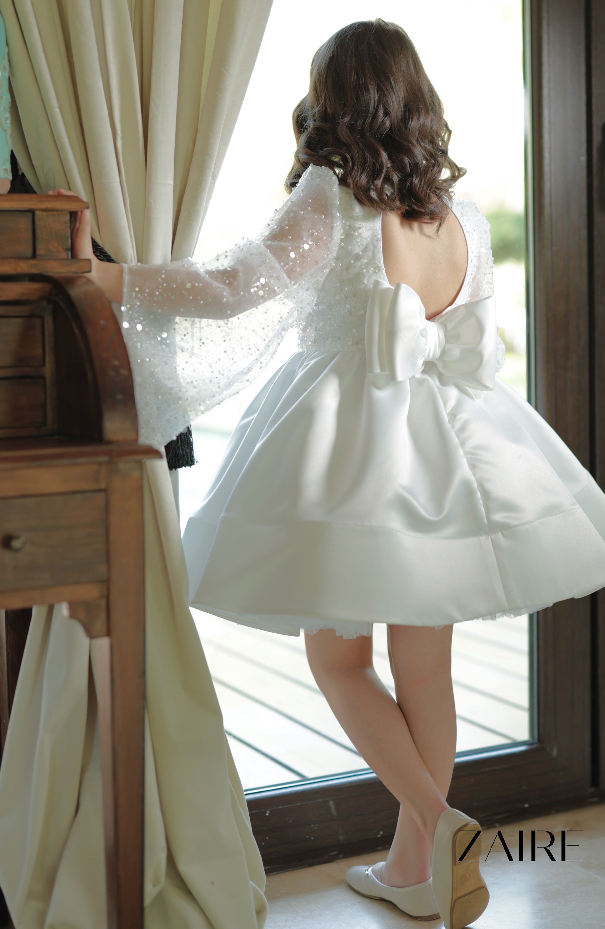 Scarlett Elegant White Ceremony Dress – Precious Lace with Sequins and Bell Sleeves