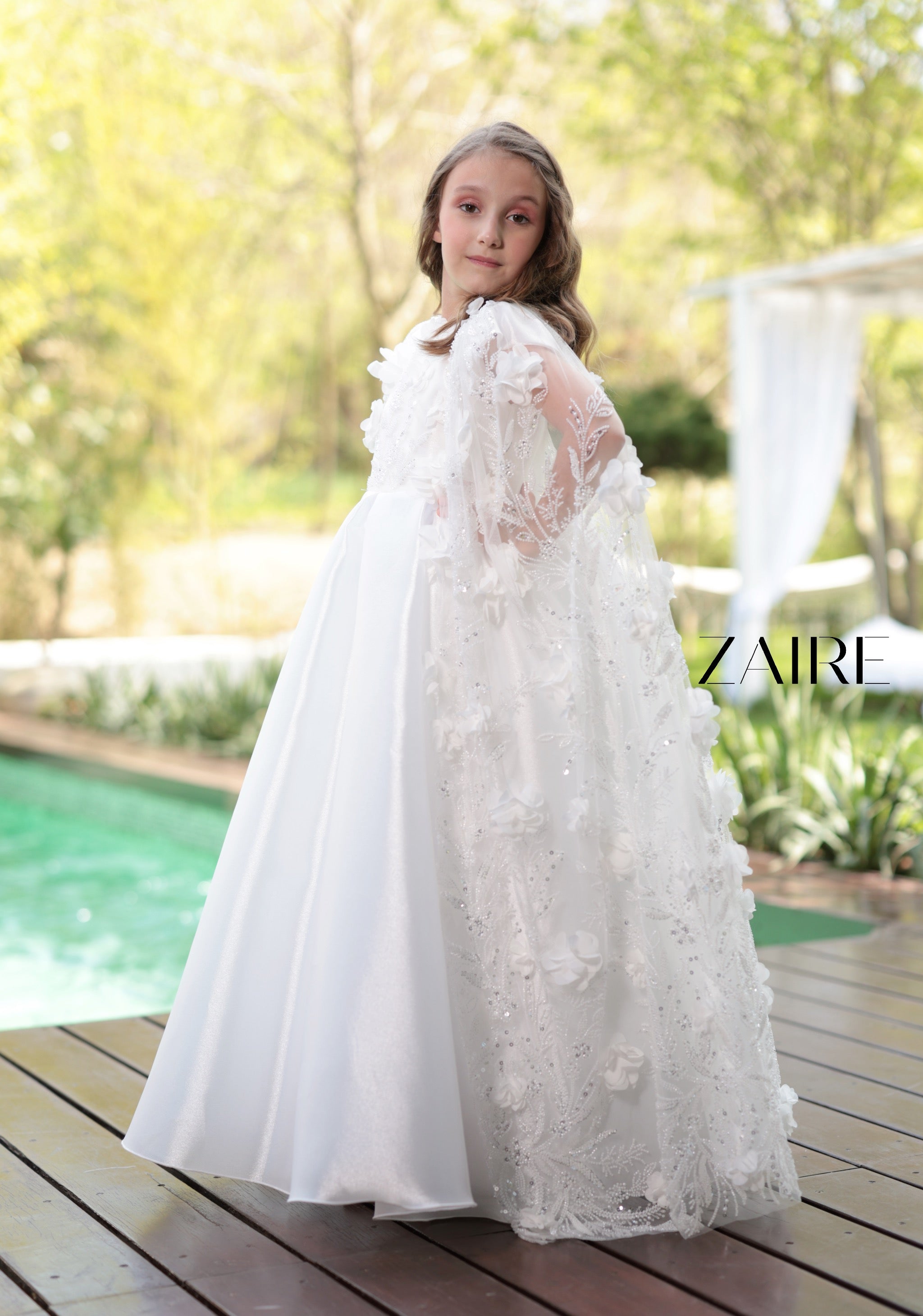 Anastasia Long White Princess Gown for Girls – Organza Skirt and Detachable 3D Floral Lace Cape