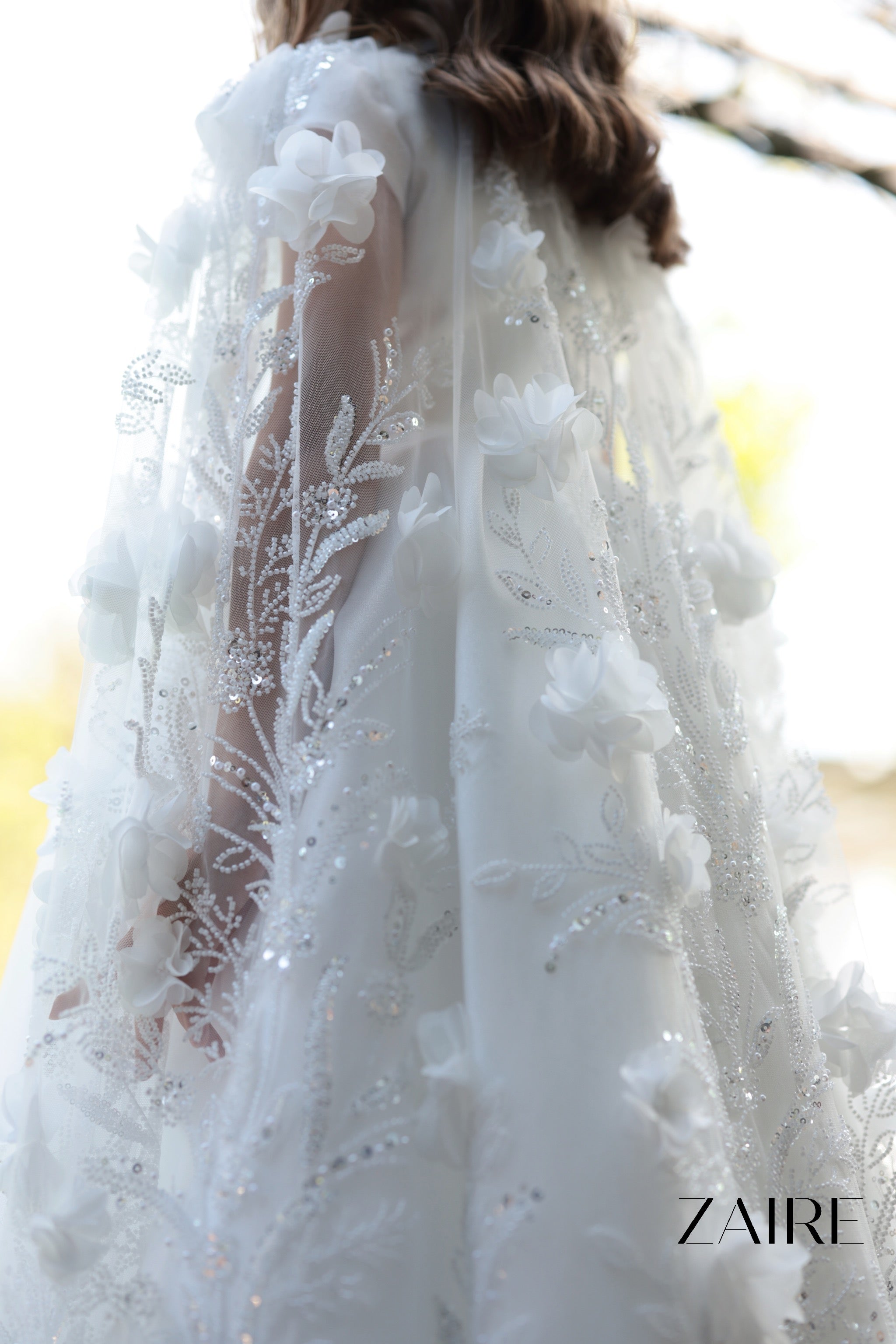 Anastasia Long White Princess Gown for Girls – Organza Skirt and Detachable 3D Floral Lace Cape