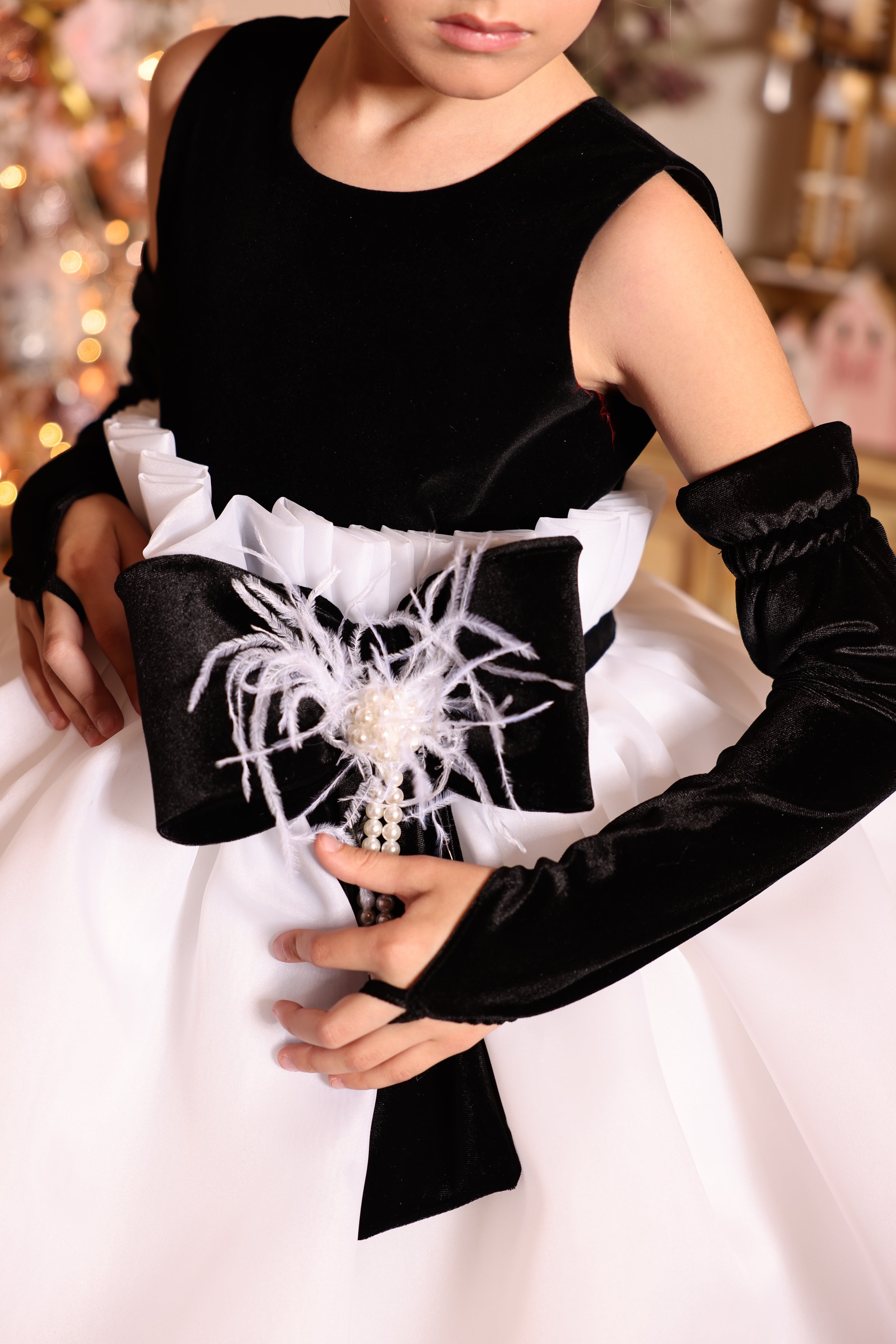 Josephine Black Velvet & White Organza Gala Dress – Full Set with Gloves and Natural Feathers