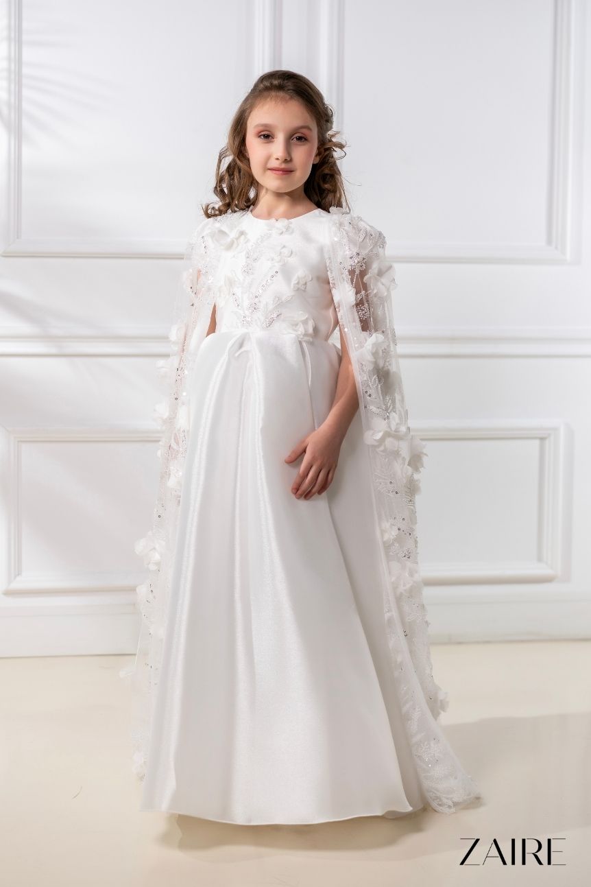 Anastasia Long White Princess Gown for Girls – Organza Skirt and Detachable 3D Floral Lace Cape