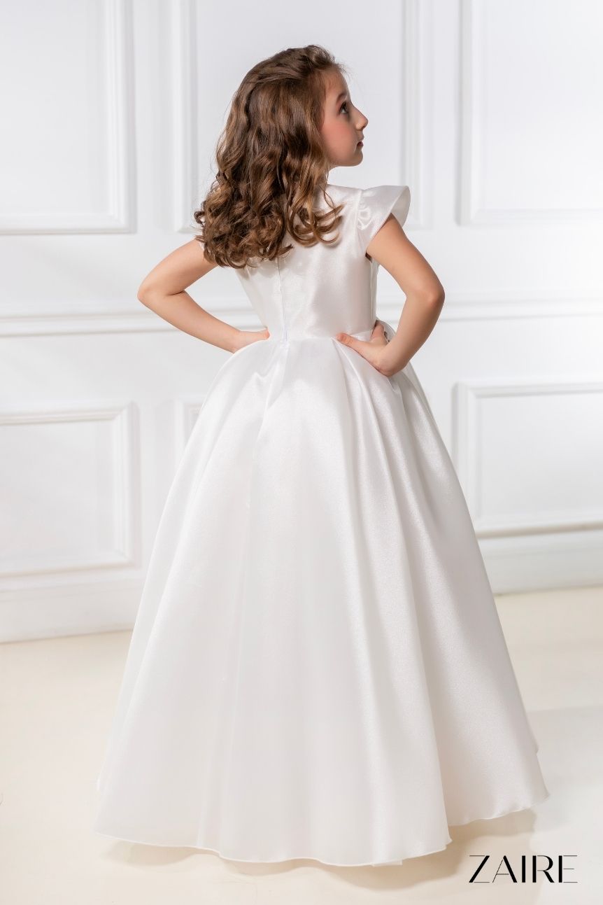Anastasia Long White Princess Gown for Girls – Organza Skirt and Detachable 3D Floral Lace Cape
