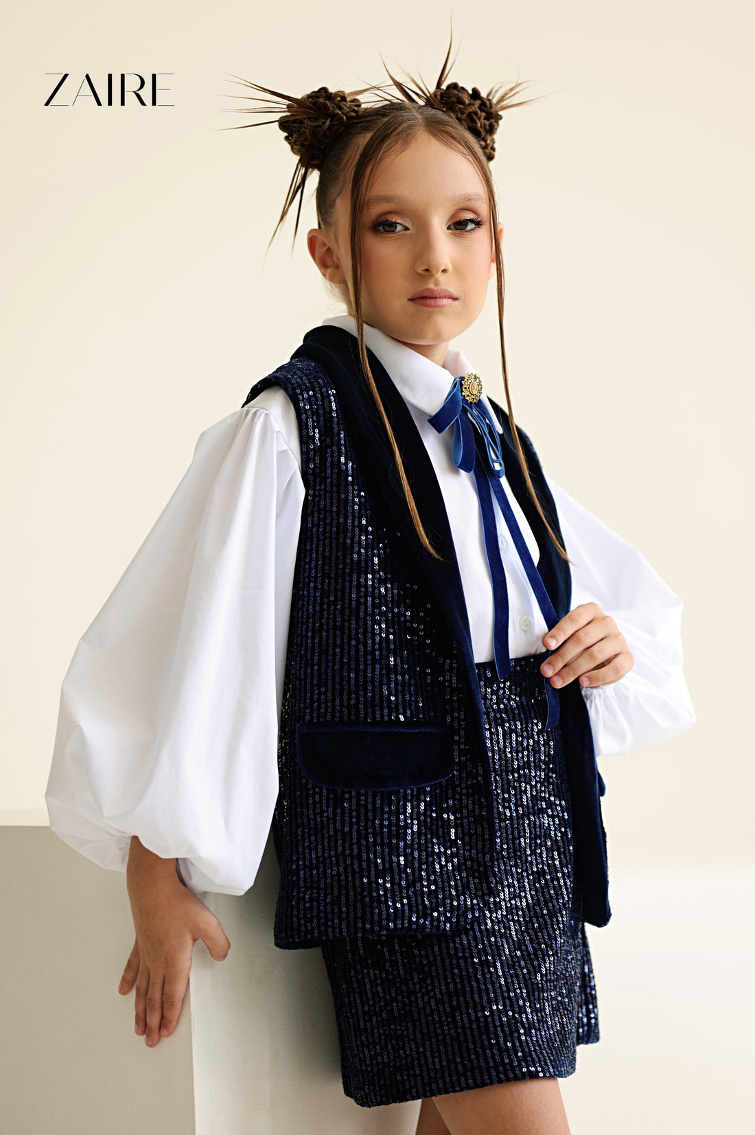 Monalissa Elegant Navy Blue Sequin Set for Girls – Sequin Vest and Skirt with Velvet Details