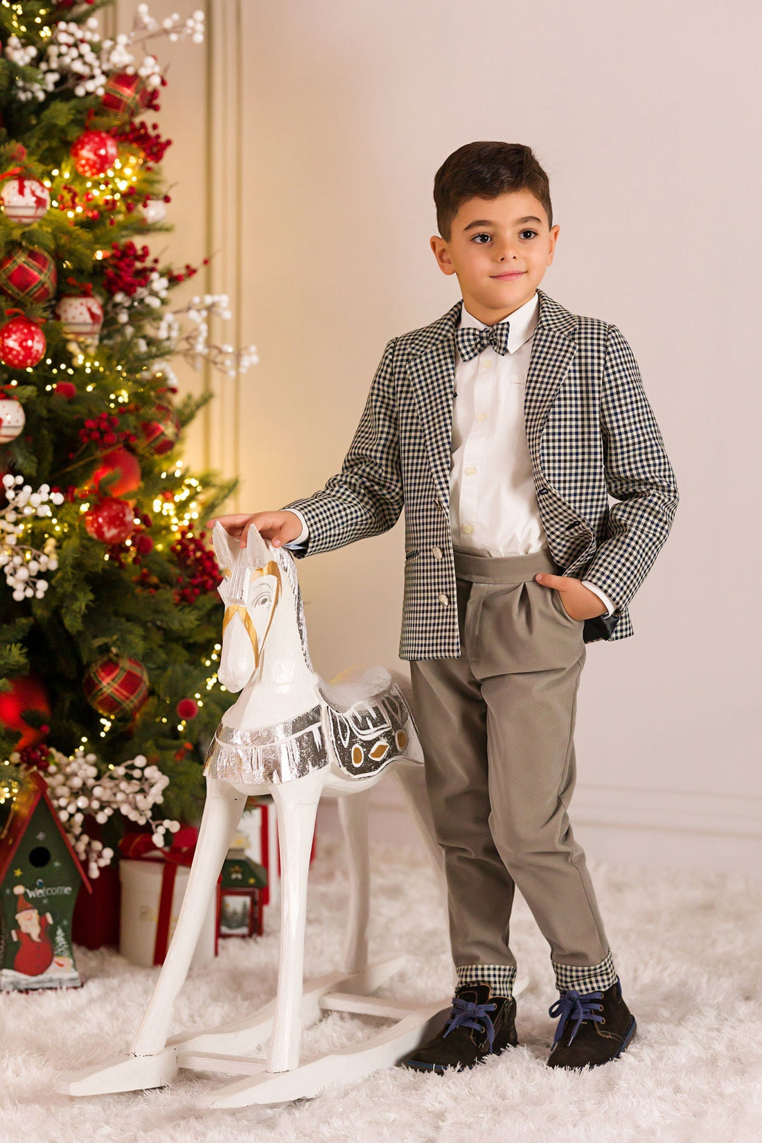 Check Blazer, Shirt, Velvet Trousers and Bow Tie