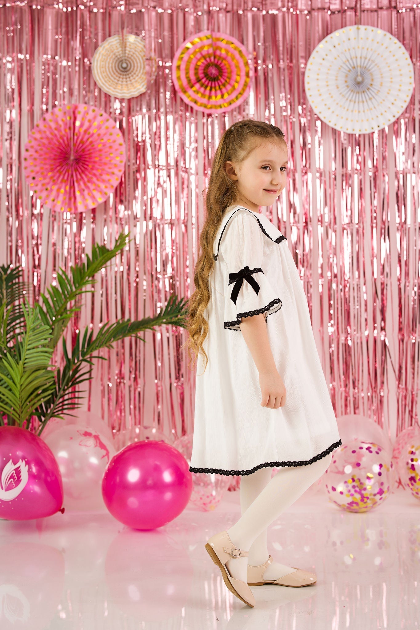 Charming White Collared Dress for Girls