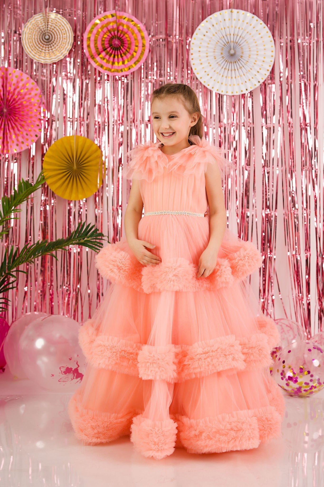 Salmon Ruffled Maxi Dress for Girls