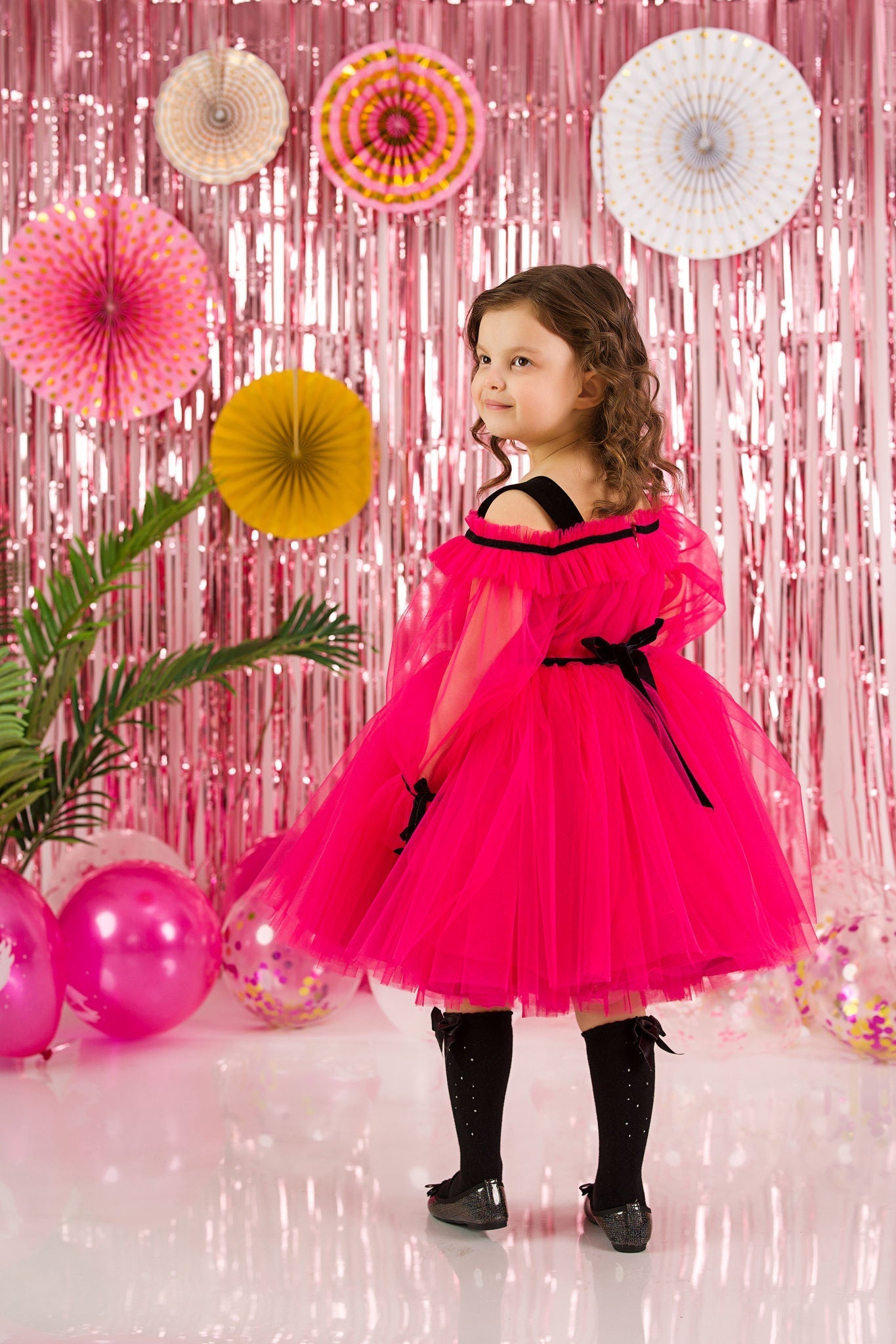 Fuchsia Tulle Dress with Black Velvet Ribbon