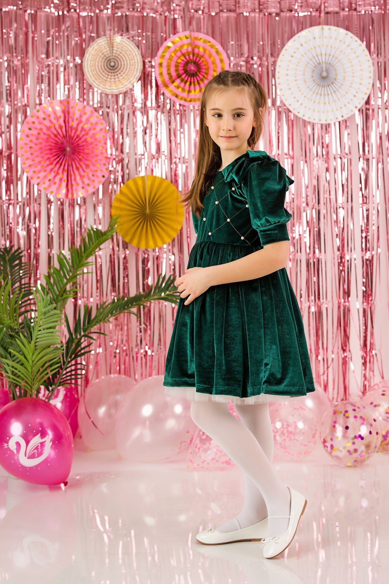Formal Velvet Dress with Puff Sleeves for Girls