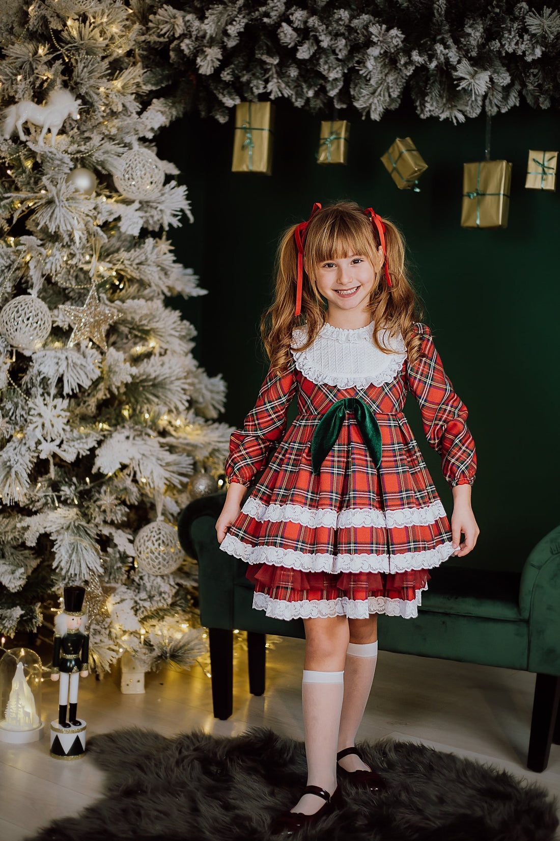 Red Check Dress with White Bib Collar and Lace for Girls
