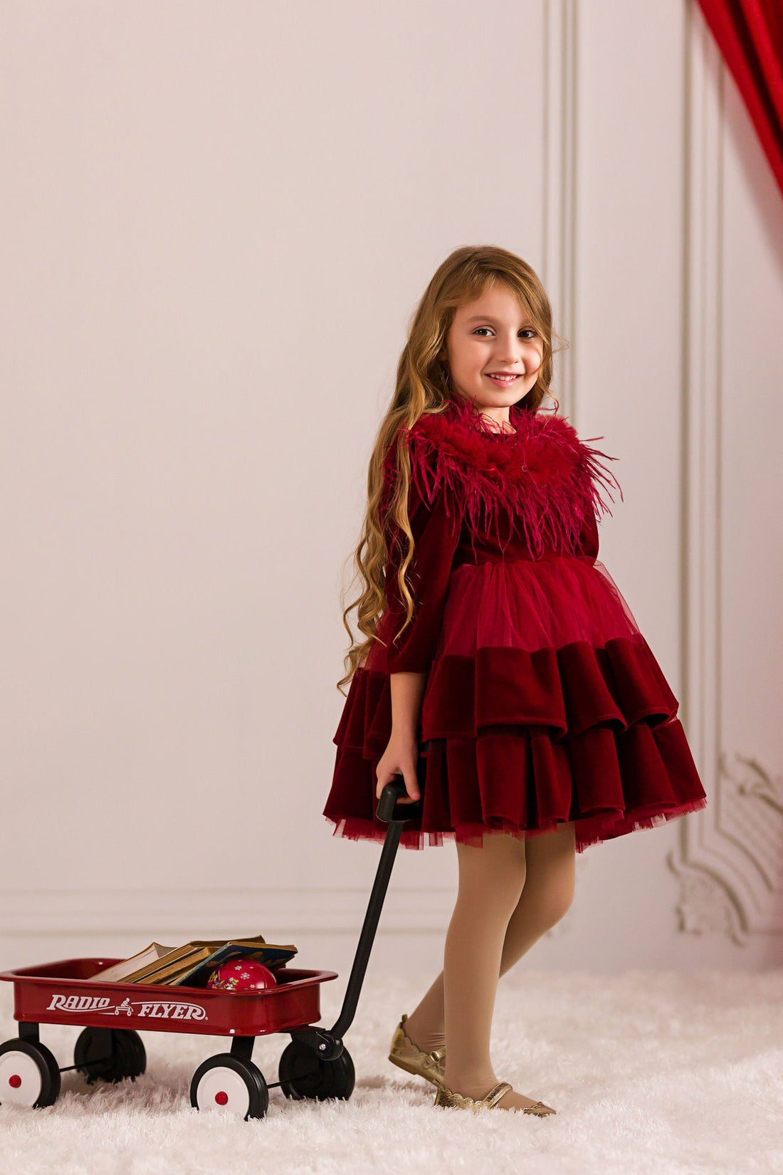 Feathered Red Velvet Dress
