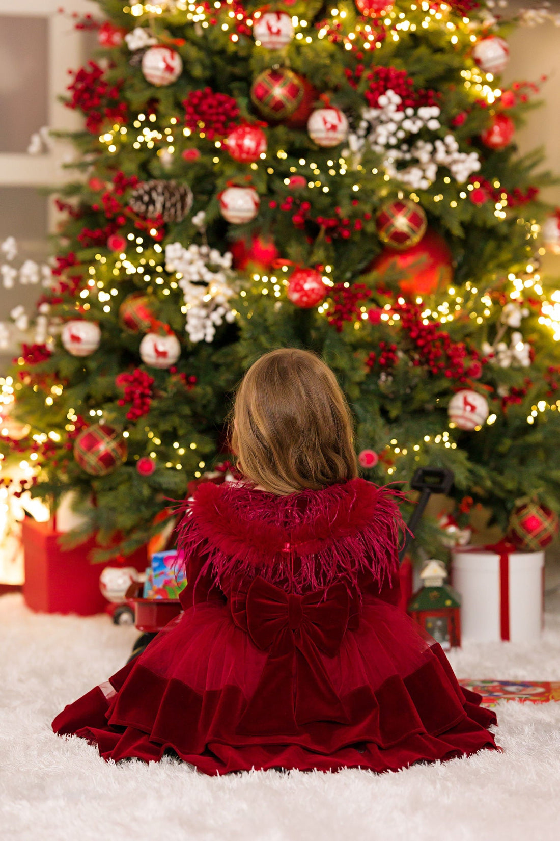 Red Velvet Dress with Feathers