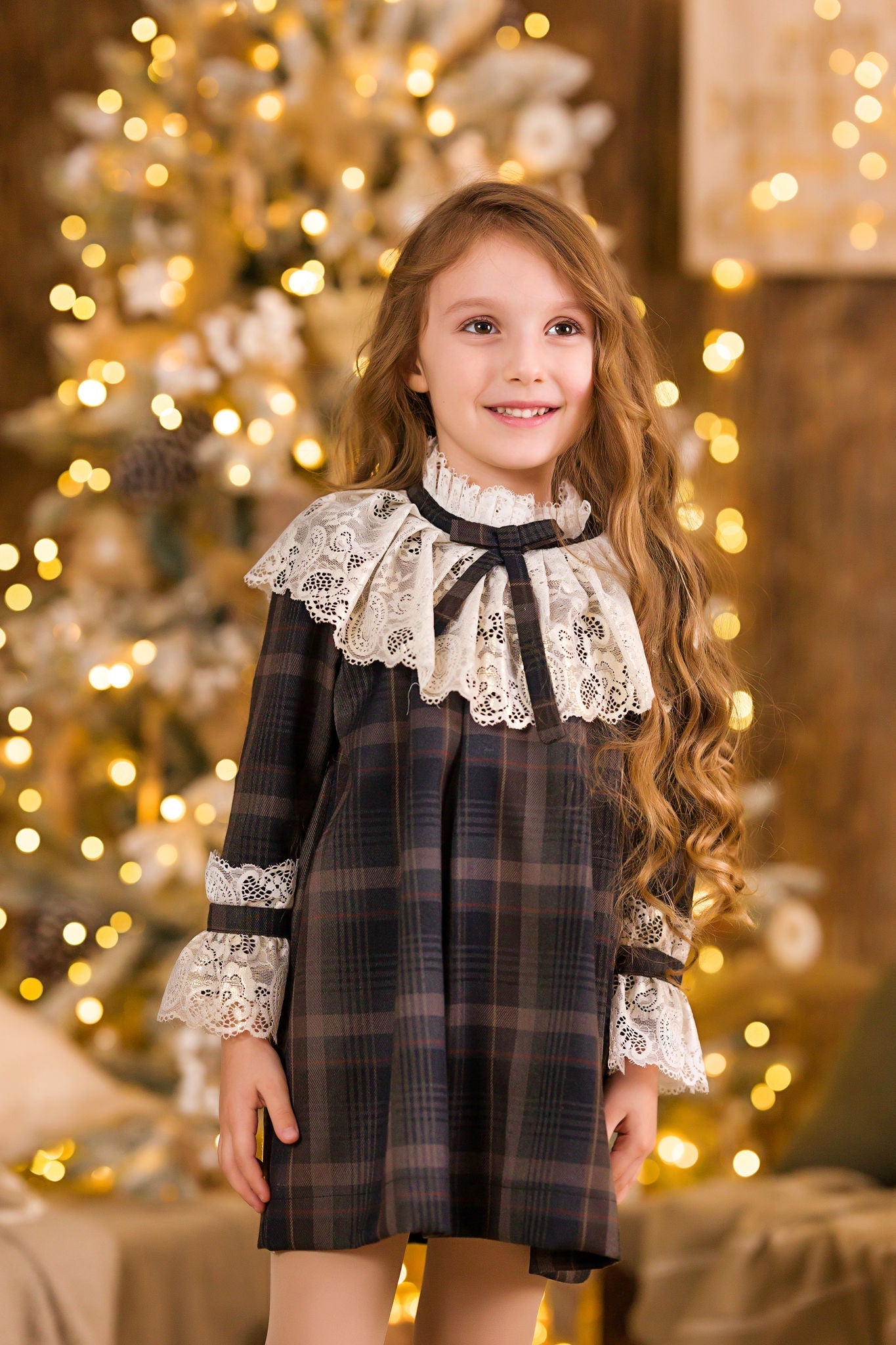 Brown Checkered Dress with Lace Collar