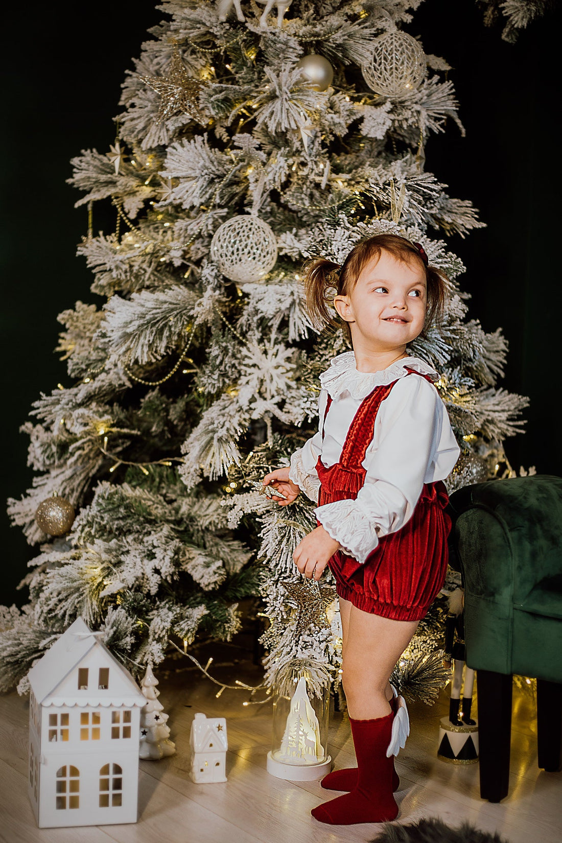 Unisex Red Velvet Dungarees and White Poplin Shirt