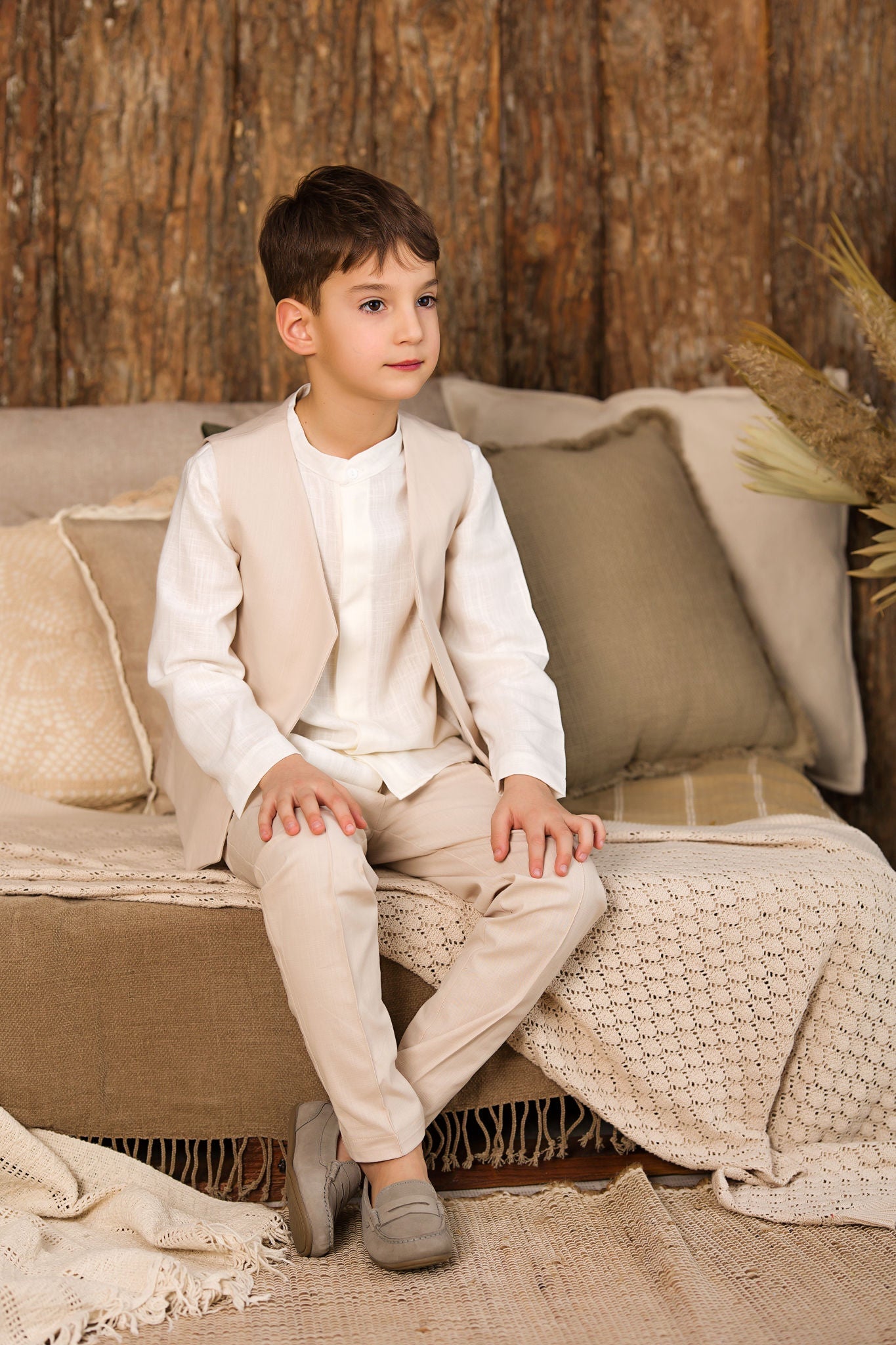 Boys Beige Linen 3 Piece Waistcoat