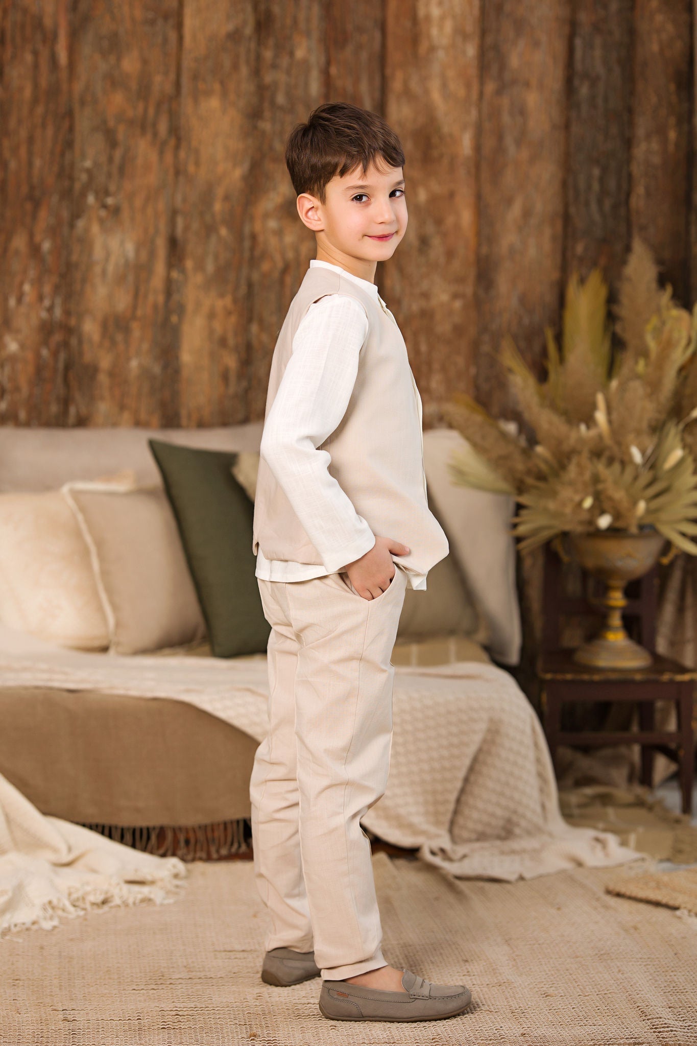 Boys Beige Linen 3 Piece Waistcoat, Shirt and Trousers Set