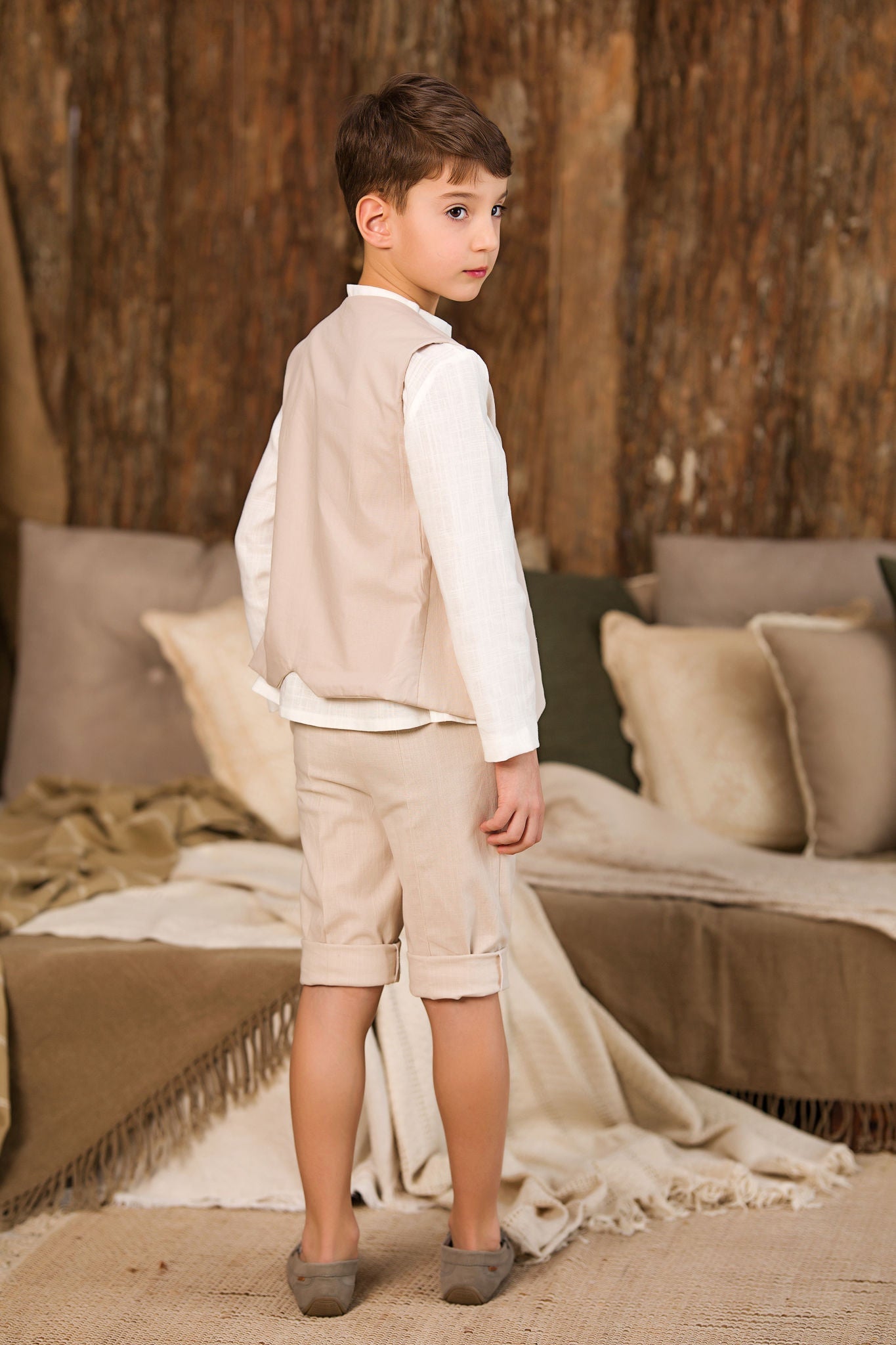 Boys Linen 3 Piece Waistcoat, Shirt and Shorts Set