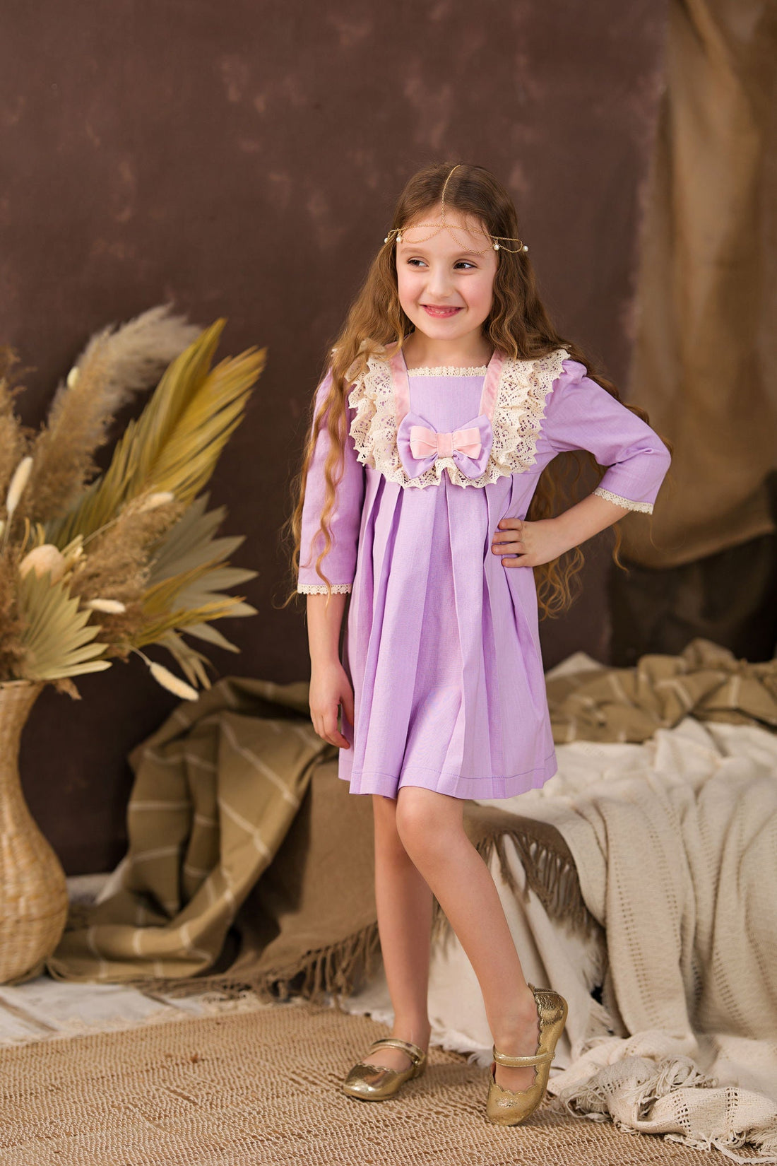 Vintage Lilac Linen Dress for Girls