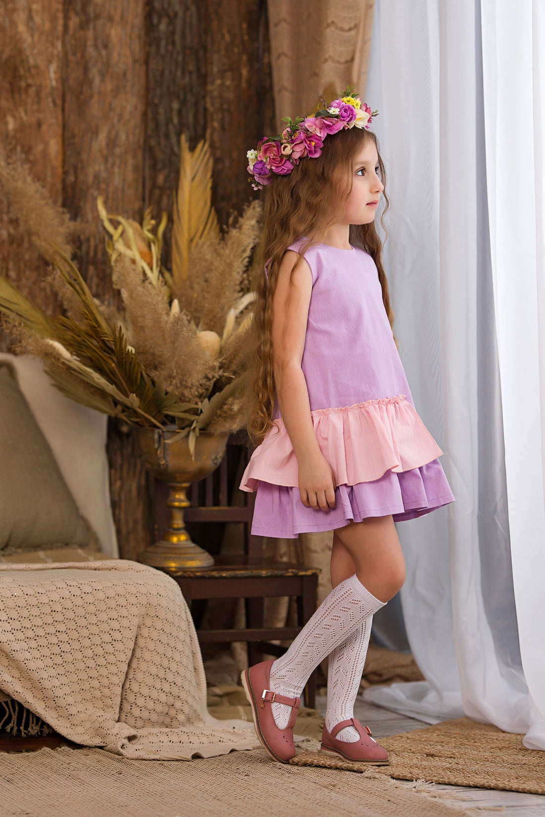 Lilac Ruffled Linen Dress for Girls